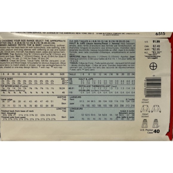 Vintage ©1988 See & Sew 6515 Sewing Pattern - Easy Top and Skirt - Picture 2 of 2